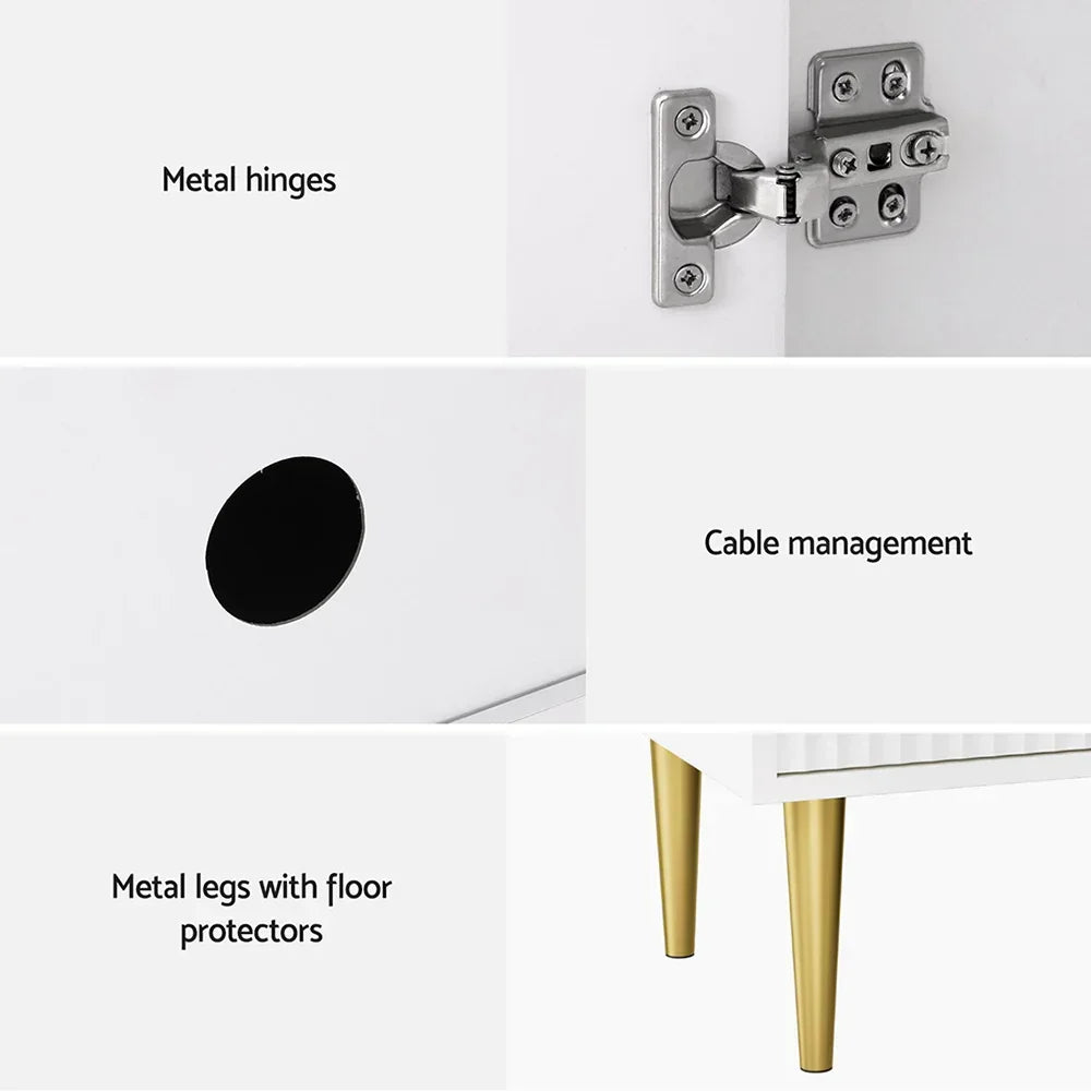TV cabinet details showing metal hinges, cable management hole, and gold metal legs