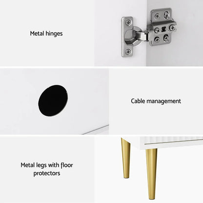 TV cabinet details showing metal hinges, cable management hole, and gold metal legs