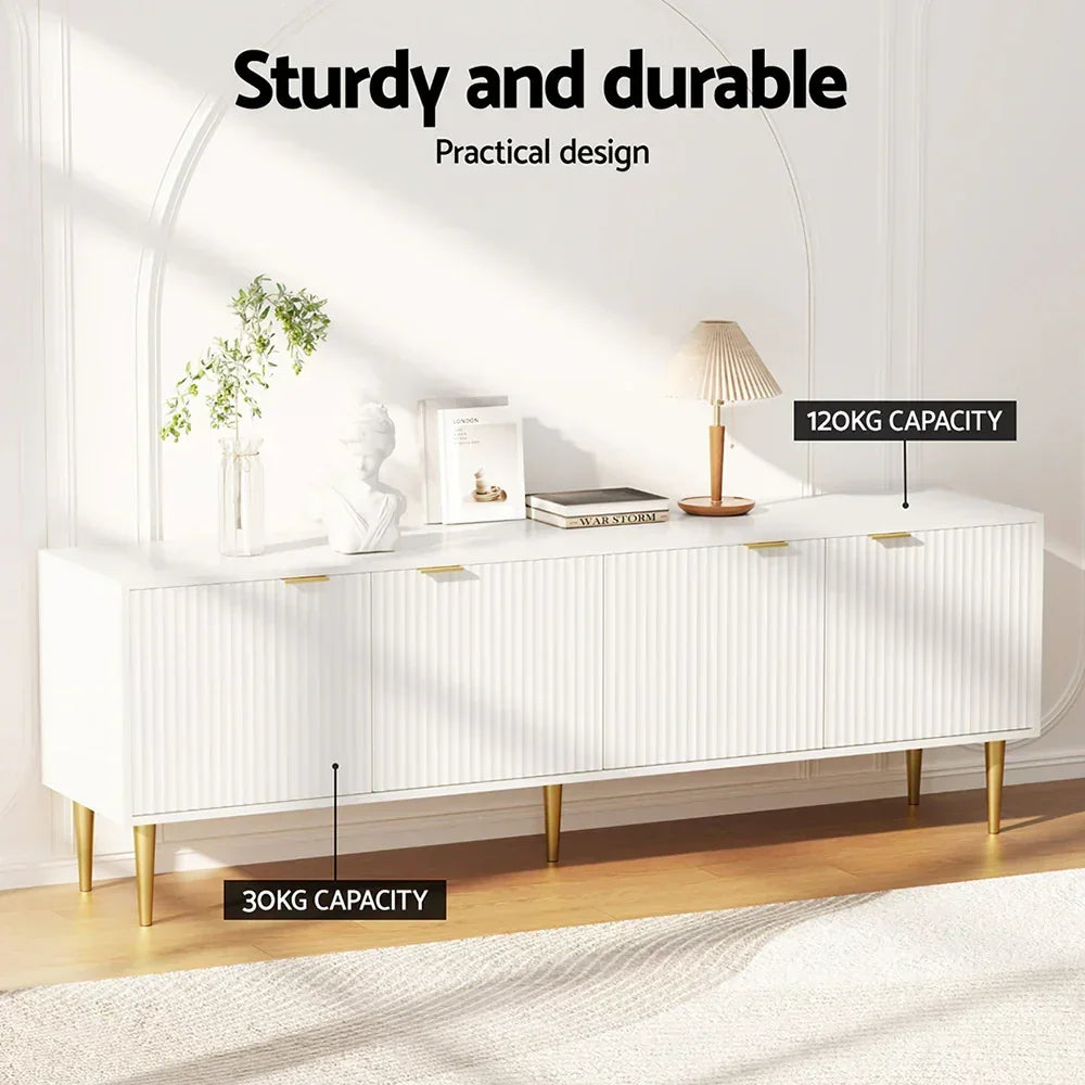 Modern white sideboard cabinet with gold legs, sturdy design, labeled 120kg and 30kg capacity.