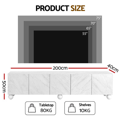 White marble TV unit with 200cm width, 50cm height, holds 55-75 inch TVs, 80kg tabletop, 10kg shelves