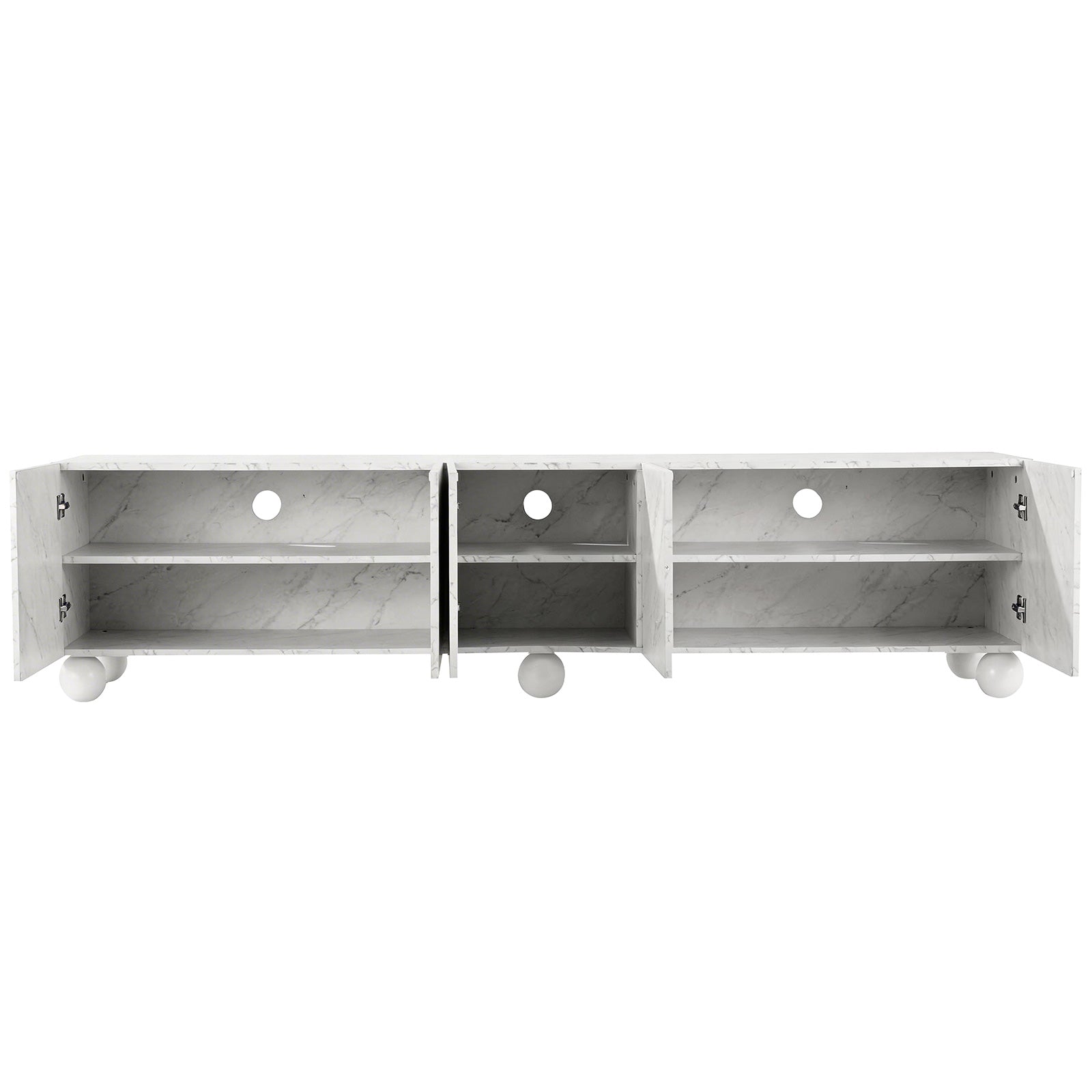 White marble-effect TV unit with open doors, adjustable shelves, and spherical feet for modern living room storage