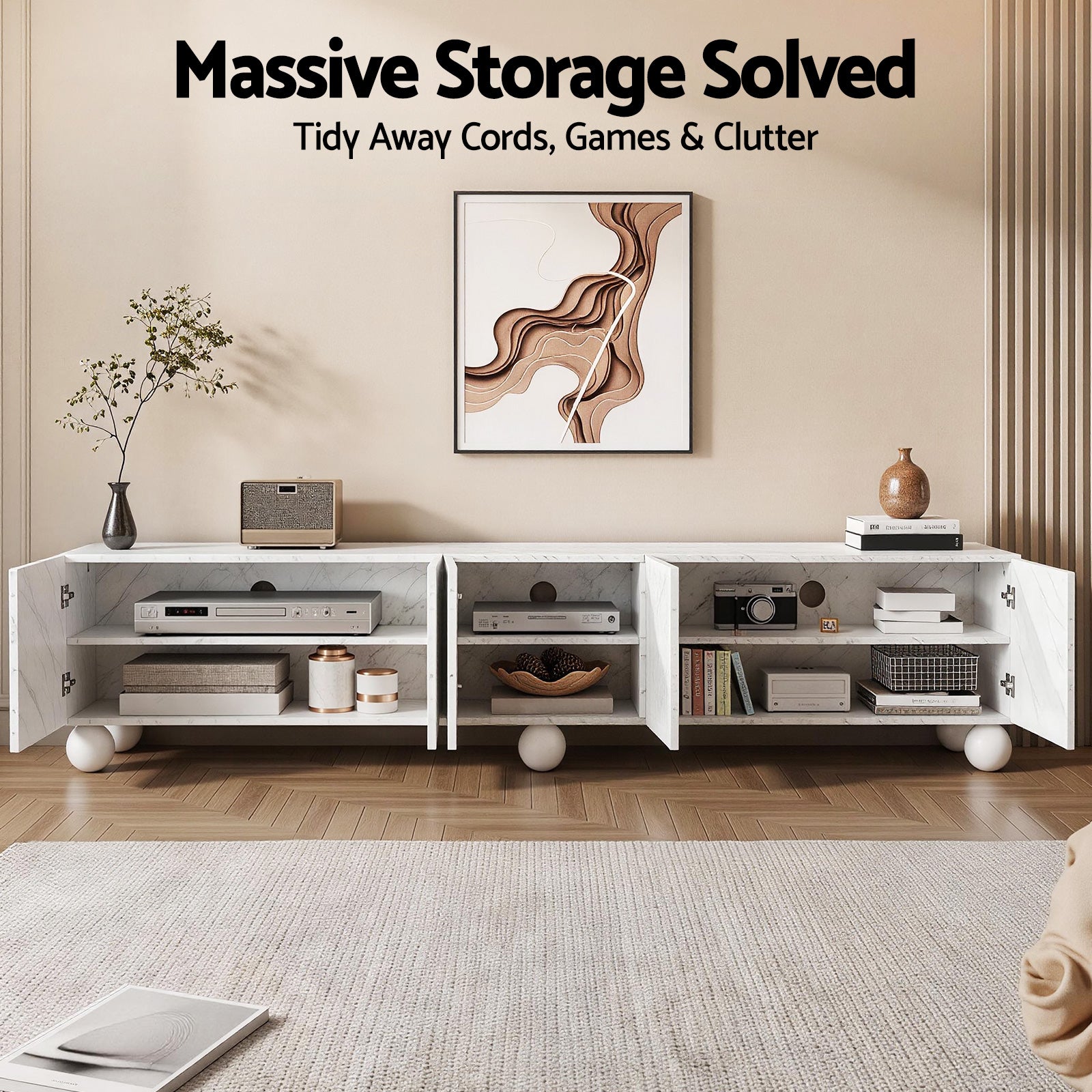 Marble TV stand with open doors, storing electronics, books, and decor for tidy living room storage
