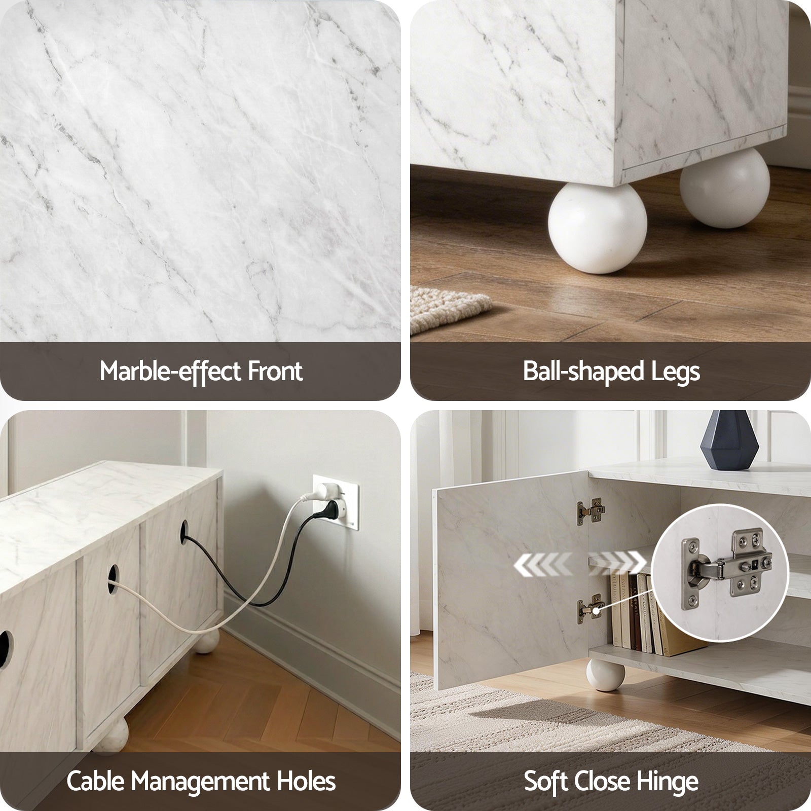 Marble-effect cabinet with ball-shaped legs, cable management holes, and soft close hinge