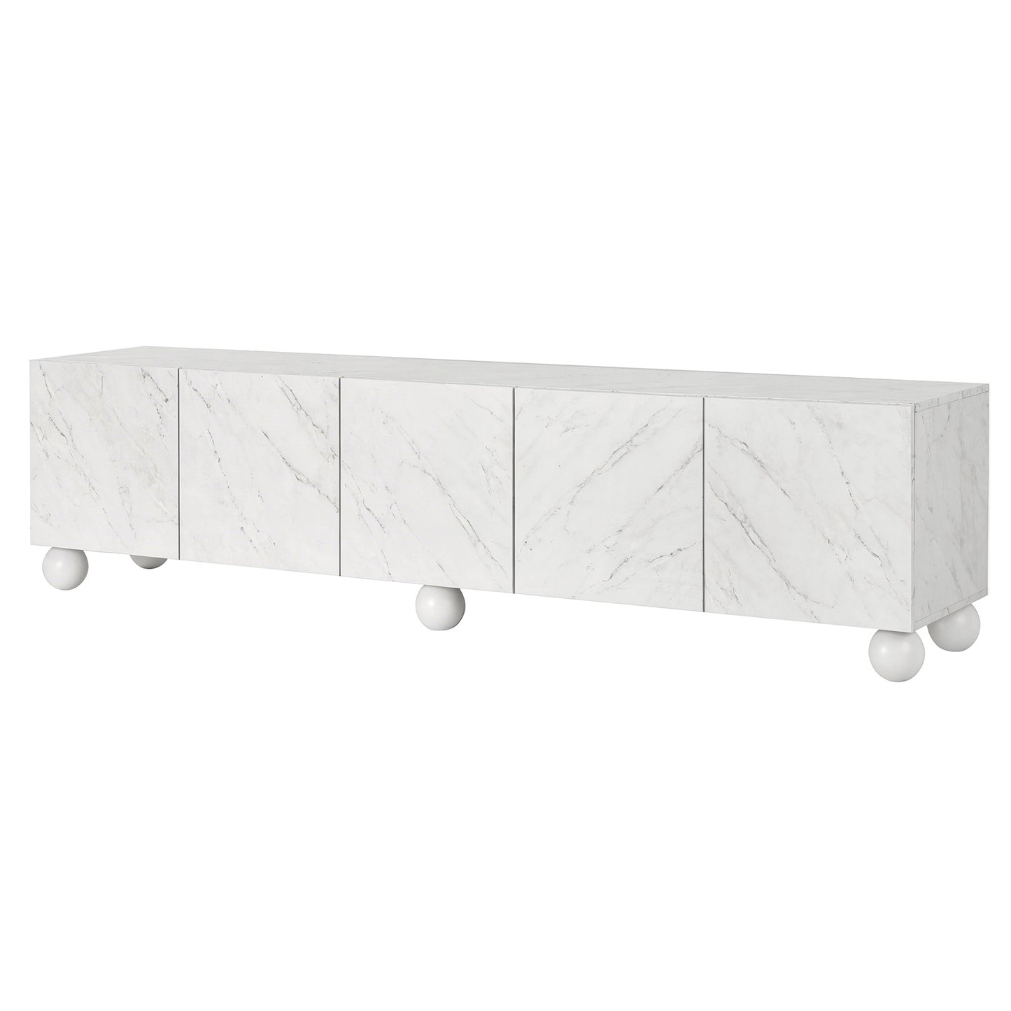 White marble-effect TV unit with five doors and spherical legs, modern living room storage