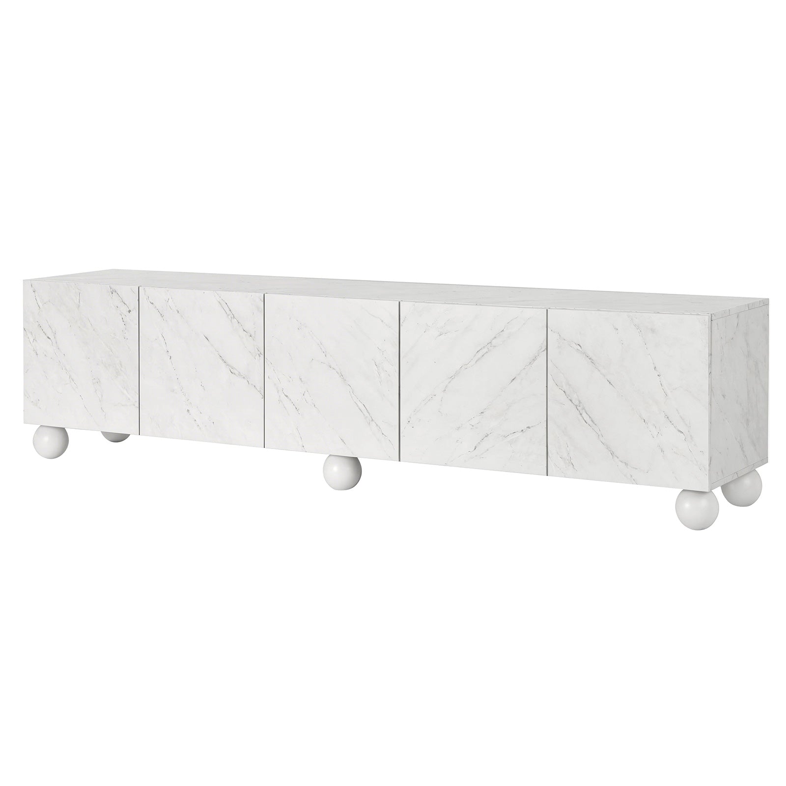 White marble-effect TV unit with five doors and spherical legs, modern living room storage