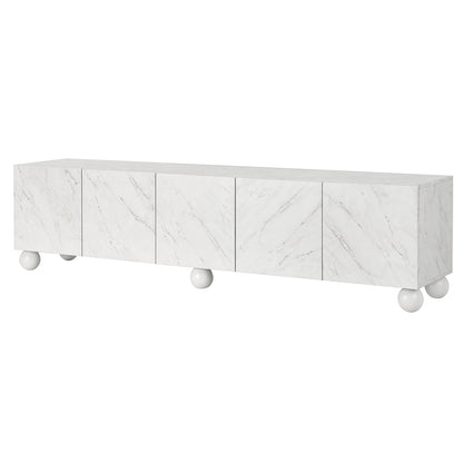 White marble-effect TV unit with five doors and spherical legs, modern living room storage