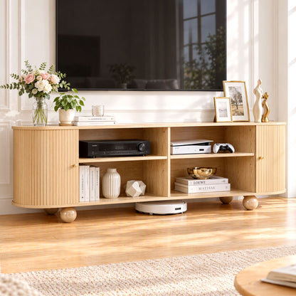 Artiss 180cm TV unit in pine with a fluted front and sliding tambour doors