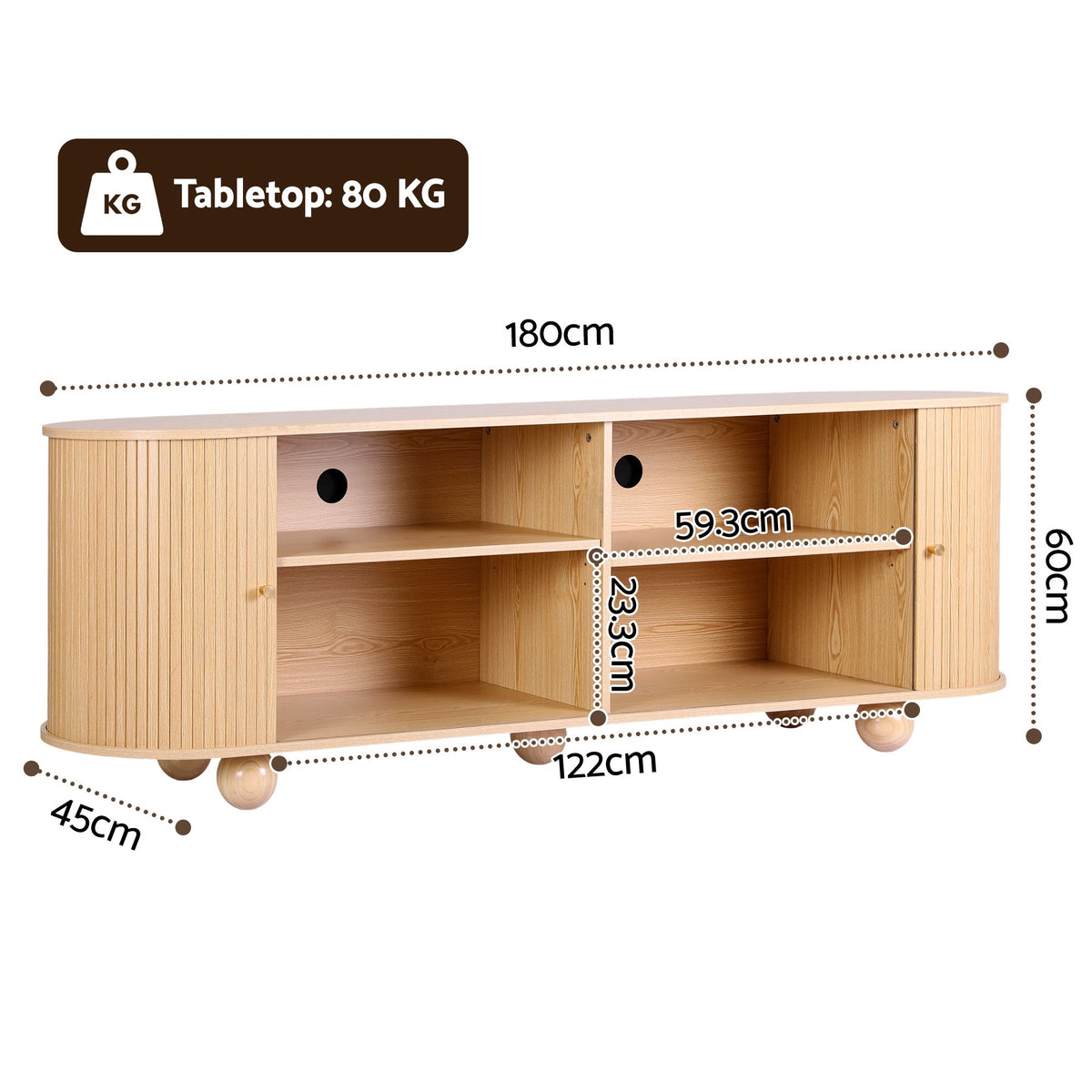 Adjustable shelves rated to 10kg inside the Artiss 180cm TV unit