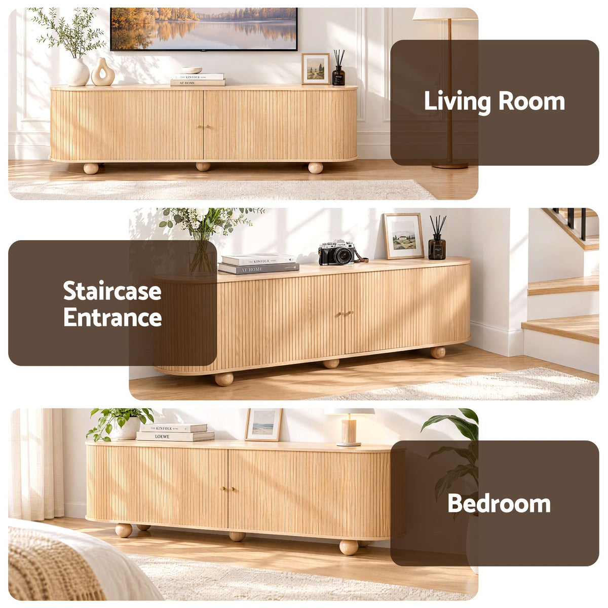 Curved edge pine entertainment unit with fluted tambour doors by Artiss