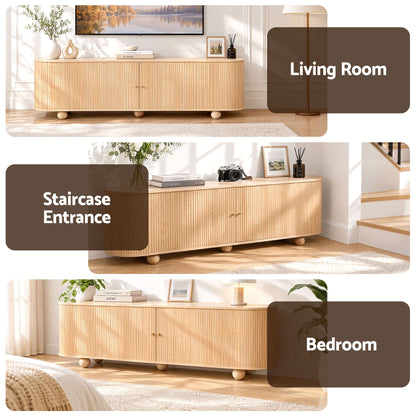 Curved edge pine entertainment unit with fluted tambour doors by Artiss
