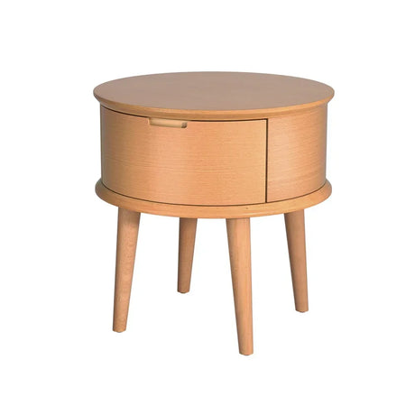 Round wooden bedside table with four legs and a storage drawer, modern furniture