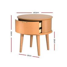 Round wooden bedside table with drawer and dimensions labeled, modern furniture design.