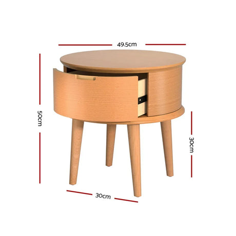 Round wooden bedside table with drawer and dimensions labeled, modern furniture design.