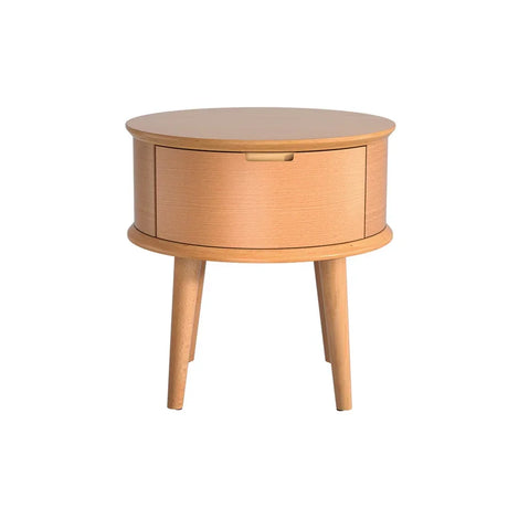 Round wooden side table with drawer and three tapered legs, modern minimalist design
