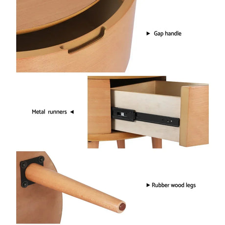 Close-up of wooden furniture showing gap handle, metal runners, and rubber wood legs.