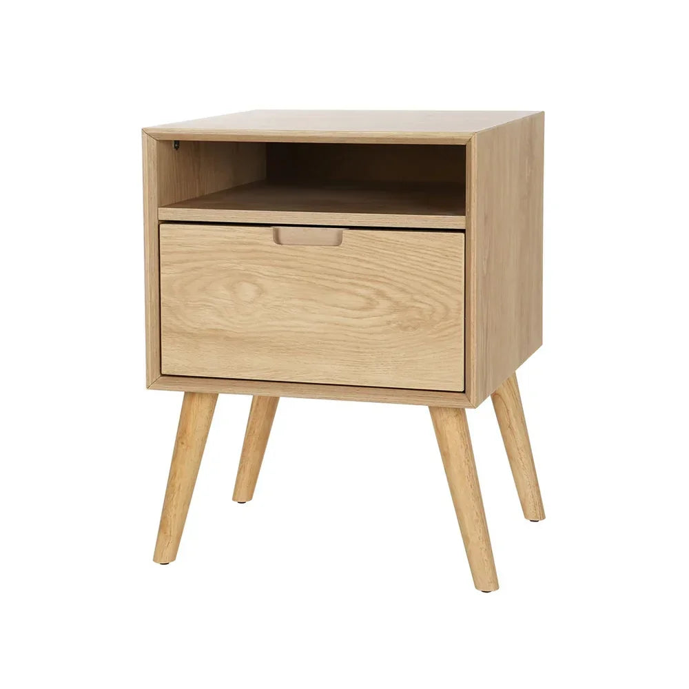 Light wood bedside table with drawer, open shelf, and angled legs, mid-century modern style