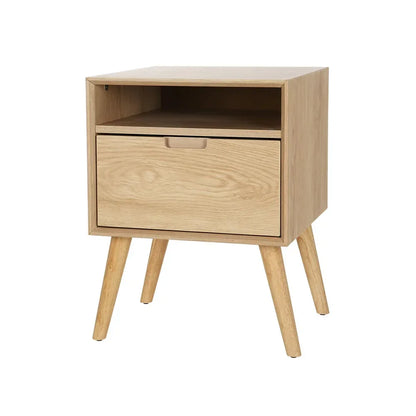 Light wood bedside table with drawer, open shelf, and angled legs, mid-century modern style
