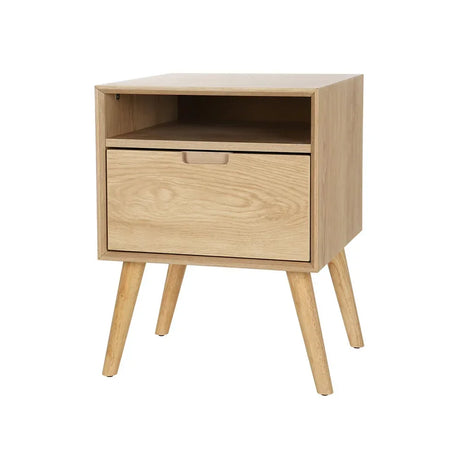 Light wood bedside table with drawer, open shelf, and angled legs, mid-century modern style