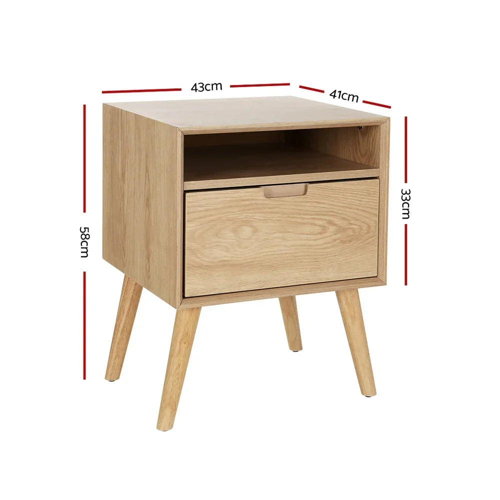 Scandinavian style wooden bedside table with drawer, shelf, and labeled dimensions