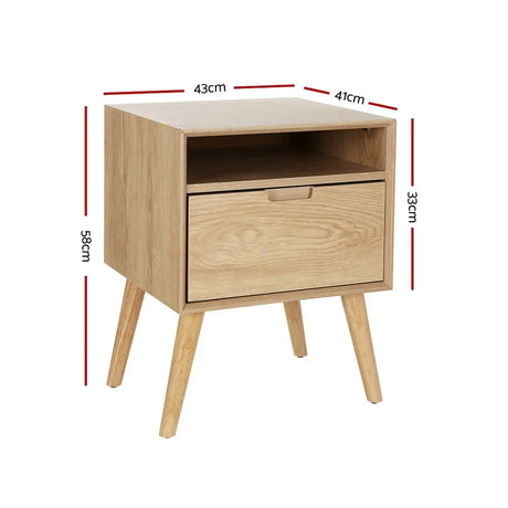 Scandinavian style wooden bedside table with drawer, shelf, and labeled dimensions