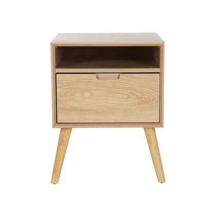 Modern wooden bedside table with single drawer and open shelf on angled legs