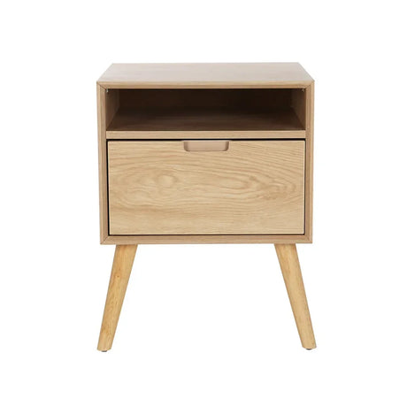 Modern wooden bedside table with single drawer and open shelf on angled legs
