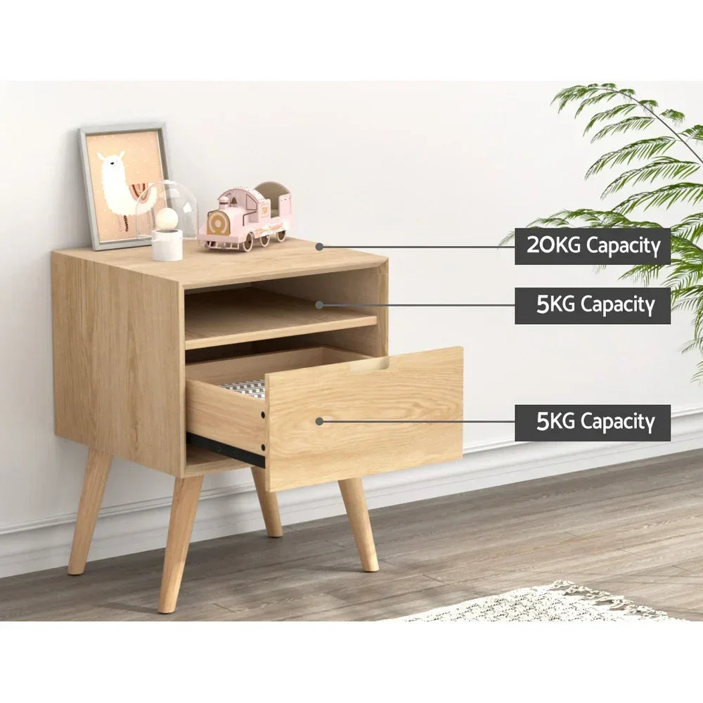 Wooden bedside table with one drawer, open storage shelf, labeled weight capacities