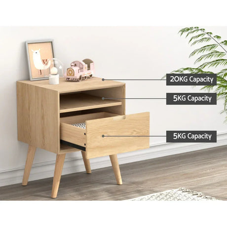 Wooden bedside table with one drawer, open storage shelf, labeled weight capacities