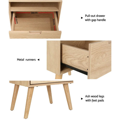 Light wood bedside table with pull-out drawer, metal runners, and ash wood legs with pads.