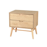 Light wood bedside table with two drawers and angled legs, mid-century modern style