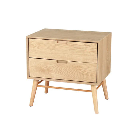Light wood bedside table with two drawers and angled legs, mid-century modern style