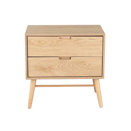 Scandinavian style wooden bedside table with two drawers and angled legs