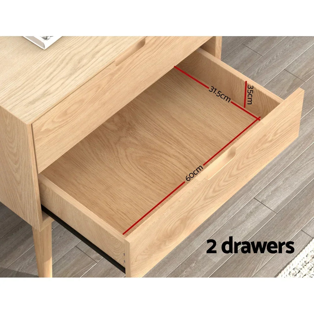 Light wood bedside table with two drawers, interior drawer dimensions labeled in centimeters