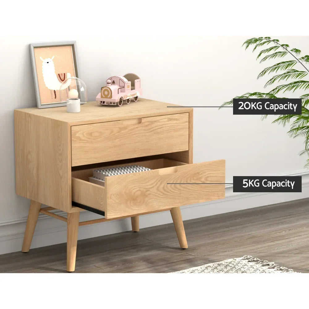 Light wood bedside table with two drawers, decorative items on top, and labeled 20kg and 5kg capacity.