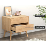 Light wood bedside table with two drawers, decorative items on top, and labeled 20kg and 5kg capacity.