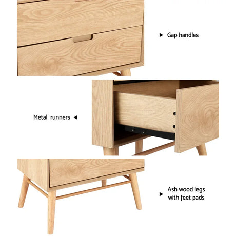 Wooden bedside table with gap handles, metal runners, and ash wood legs with feet pads.