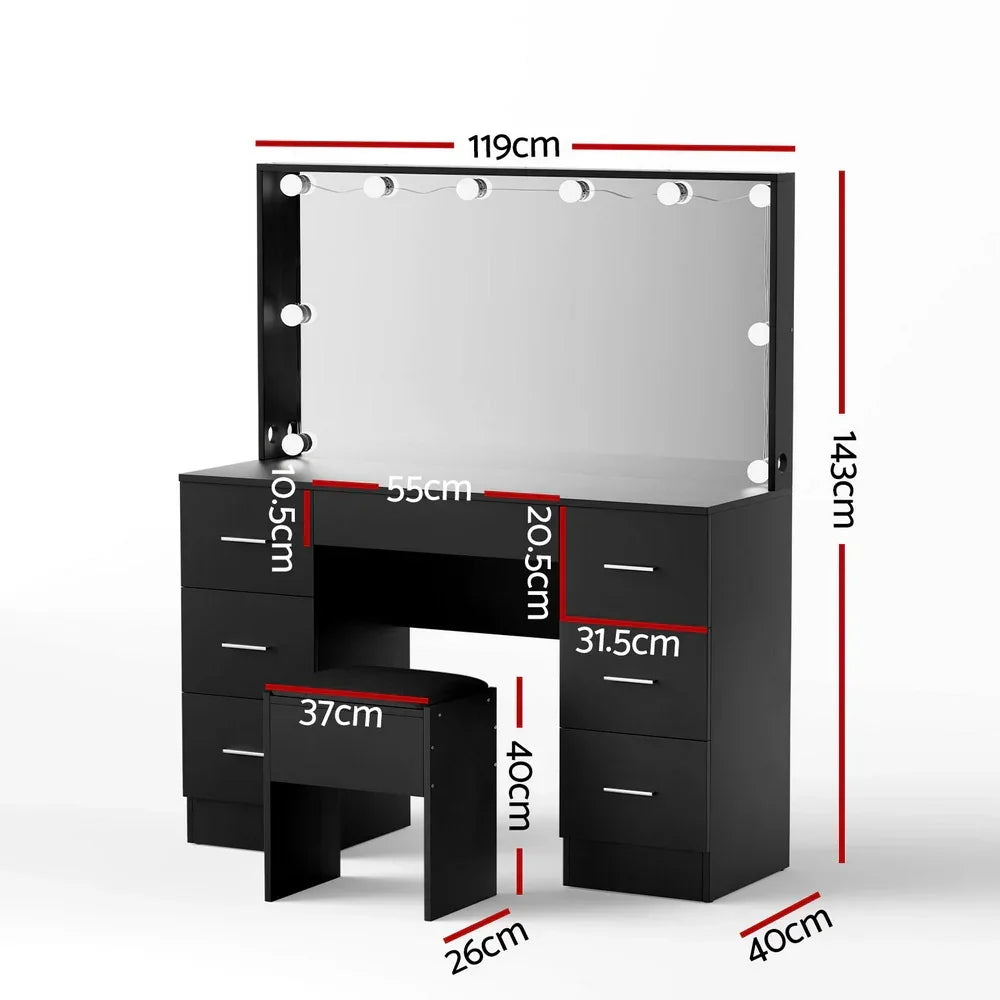 Black vanity table with LED mirror, drawers, stool, and labeled measurements