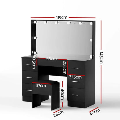 Black vanity table with LED mirror, drawers, stool, and labeled measurements