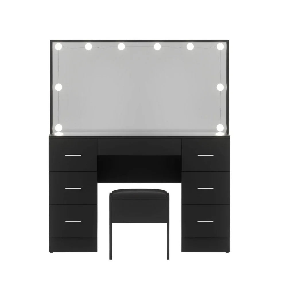 Black vanity table with LED mirror, stool, and multiple storage drawers