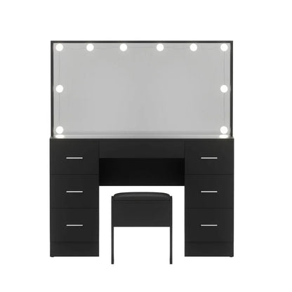 Black vanity table with LED mirror, stool, and multiple storage drawers