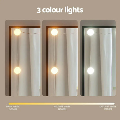 Three round LED vanity lights showing warm, neutral, and daylight white color temperatures.