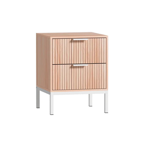 Modern wooden two-drawer bedside table with vertical grooves and metal legs