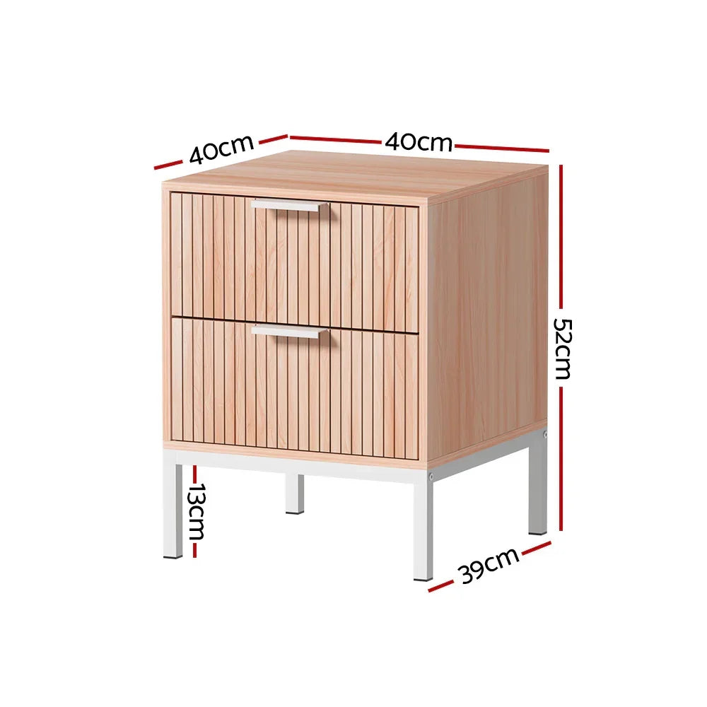 Modern wooden bedside table with two drawers, metal legs, and measurements in centimeters