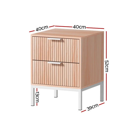 Modern wooden bedside table with two drawers, metal legs, and measurements in centimeters