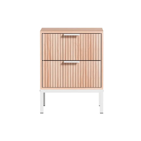 Modern wooden bedside table with two slatted drawers and metal legs, isolated on white background.