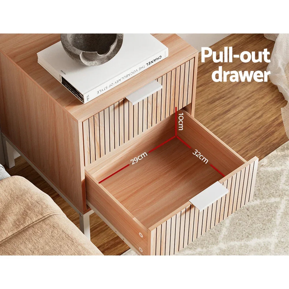 Wooden bedside table with pull-out drawer, showing dimensions 29x32x10cm.