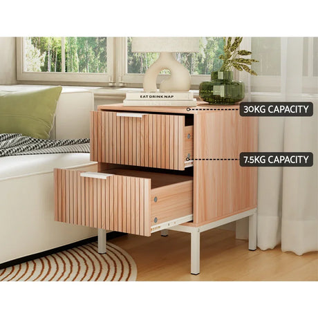 Modern wooden bedside table with two drawers, metal legs, and weight capacity labels