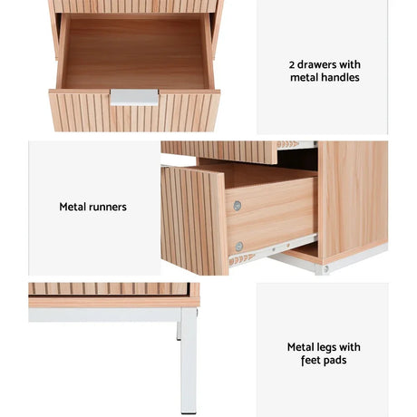 Light wood bedside table with 2 metal-handled drawers, metal runners, and white metal legs.