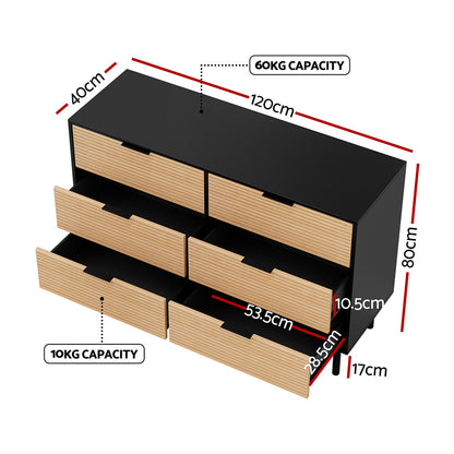 Artiss 6-Drawer Fluted Lowboy | Black and Pine