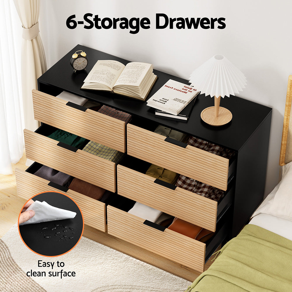 Artiss 6-Drawer Fluted Lowboy | Black and Pine